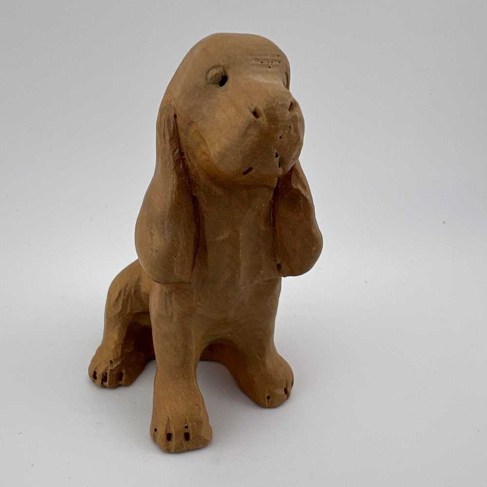 Vintage Small Carved Dog Figurine Wood Look Hound Spaniel 2.5"